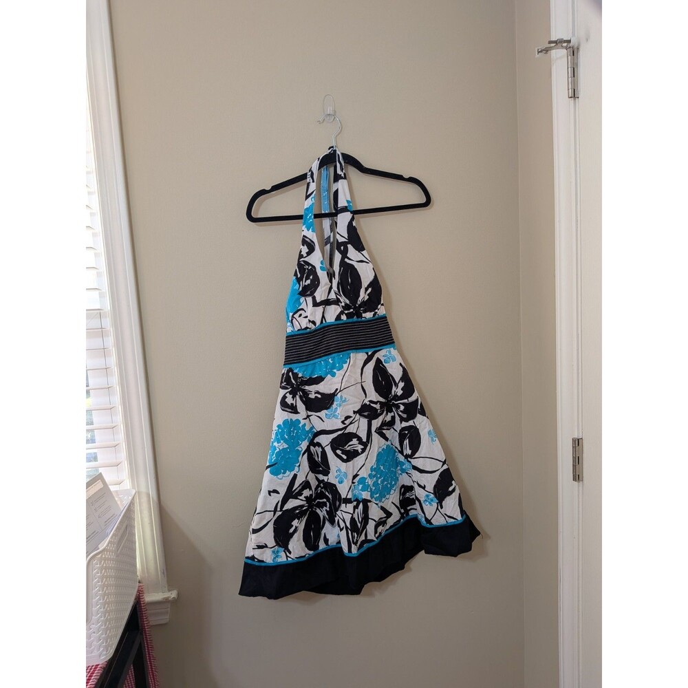 Y2K Whimsigoth Floral Halter Dress Aqua Blue Black White Fit Flare Summer